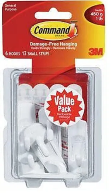 3M Command Value Pack 6 Small Hooks 12 Small Adhesive Strips 1 lbs 17002-VP