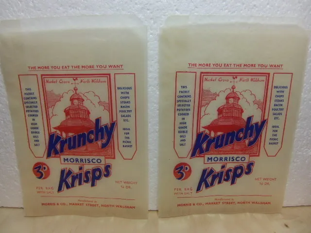 Morrisco – Krunchy Krisps – 2 x unused 1950s Crisps Bags / Packets North Walsham