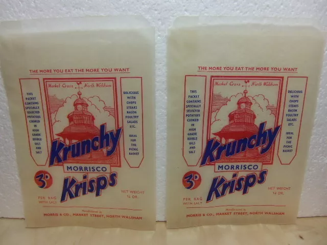 Morrisco – Krunchy Krisps – 2 x unused 1950s Crisps Bags / Packets North Walsham