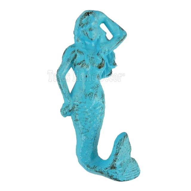 Mermaid Wall Hook Towel Coat Hanger Cast Iron Antique Style Blue Nautical Decor