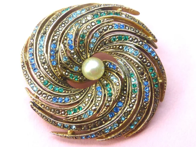 Les Bernard Signed 1960s Faux-pearl Green Blue Diamante Gold-plated Swirl Brooch