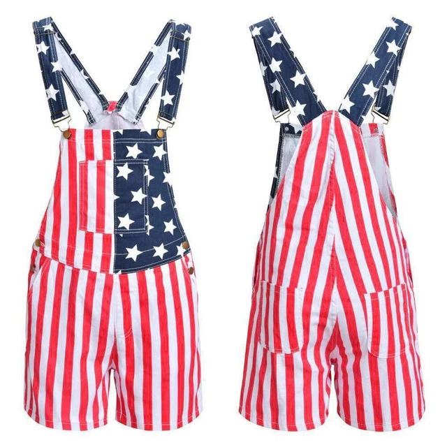 Unisex American Flag Print Shorts Suspender Jumpsuits Pants Casual Bib H8B5