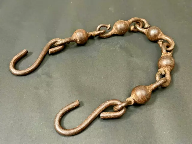 Old Vintage Hand Forged Rustic Iron Lamp Chain With 5 Ball Hook And 2 Hooks