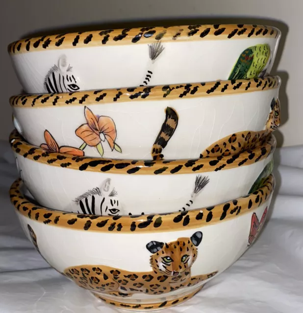 Jungle Jubilee Lynn Chase Jaguar Zebra Parrot Ceramic Cereal Bowls DAMAGE plates