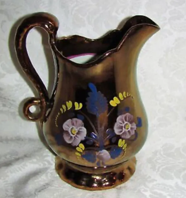Jug Pitcher Creamer Antique Welsh Copper Lusterware  With Handpainted Flowers