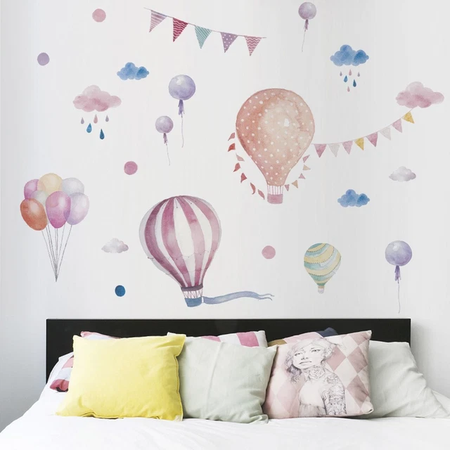 Stickers Muraux Enfants Route Voiture Et Montgolfière | 2 Feuilles 30x90cm | Vinyle Réutilisable Salle Jeux