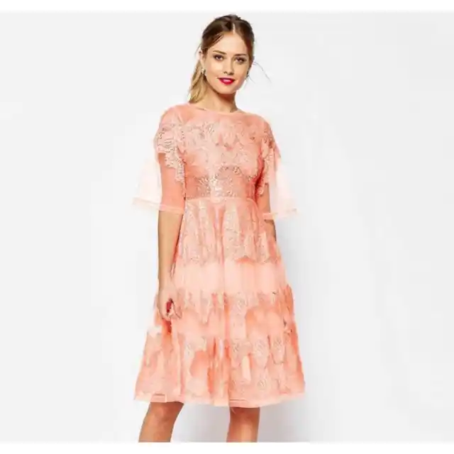 ASOS SALON Party Dress Size 2 Pink Peach Lace Panelled Organza Fit & Flare READ