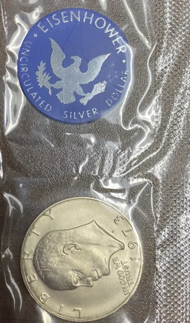 1973 S Ike Eisenhower Silver Dollar BU, 90% Silver.  In Sealed Package