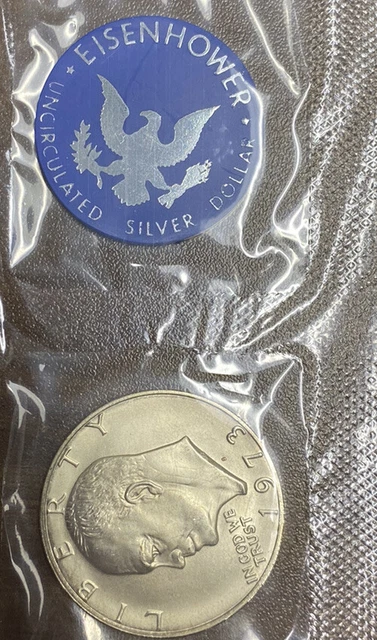 1973 S Ike Eisenhower Silver Dollar BU, 90% Silver. In Sealed Package 1973 S Ike Eisenhower Silver Dollar BU, 90% Silver. In Sealed Package