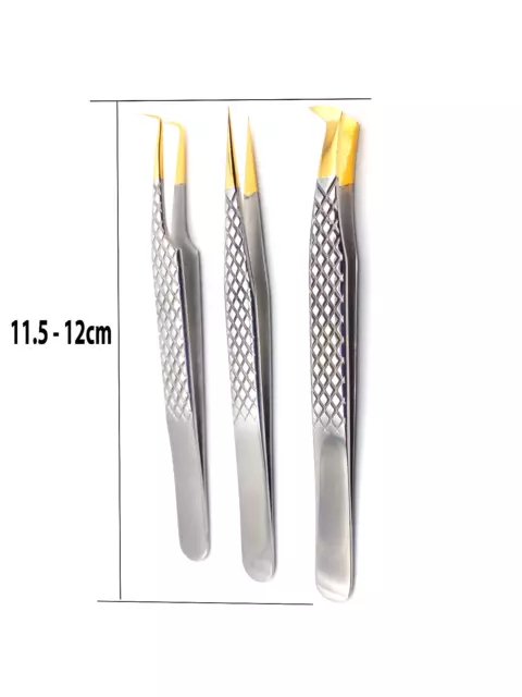 New False Eyelash Extension Tweezers Angular Straight Russian Gold Tip Set of 3 3