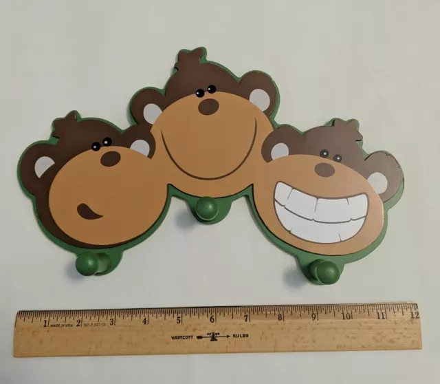 Monkeys w/ Green Back Hook Peg Wood Coat Hanger Rack Kids Green Room Decor Wall