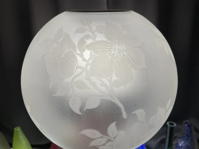 Antique 9.5” Acid Etch Floral Glass Kerosene Oil Lamp Shade Globe 4” Fitter GWTW 12