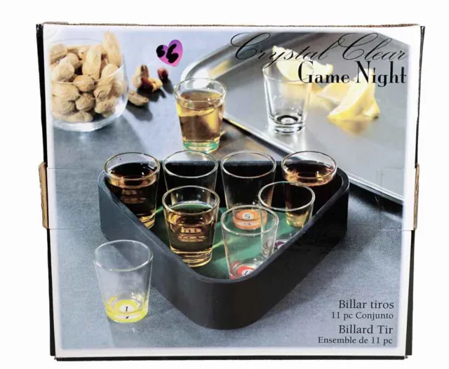 Crystal Clear Game Night 10 shot glasses pool rack tray liquor home bar fun