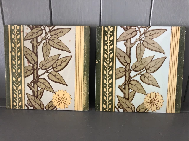 Pair  Minton Flower And Leaf Aesthetic Design Antique 6 Inch Tiles