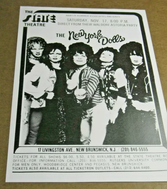 NEW YORK DOLLS CONCERT POSTER Nov 17 1973 New Brunswick NJ 11"x17" NICE!