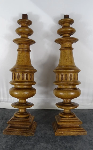 Antique French Pair Carved Wood Trim Posts Pillars Columns Oak  14.6" T 3