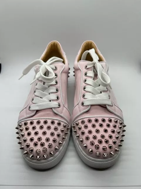 LOUBOUTIN 37.5 VIERA 2 FLAT Metallic Silver Lace Up Low Top Sneakers Spikes  NEW