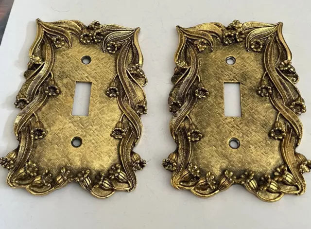 2 -Vintage Florenta of California Gold Metal Flowers  Single Light Switch Plates