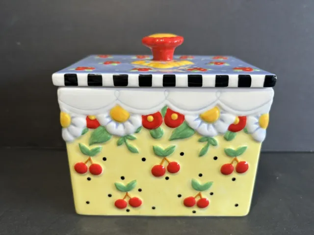 MARY ENGELBREIT Cherries Tea Box  With Lid Yellow/Blue/Red/Green SIGNED 2004