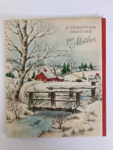 Vintage Unused Hallmark Mother Farm Scene Christmas Greeting Card 1940 1950