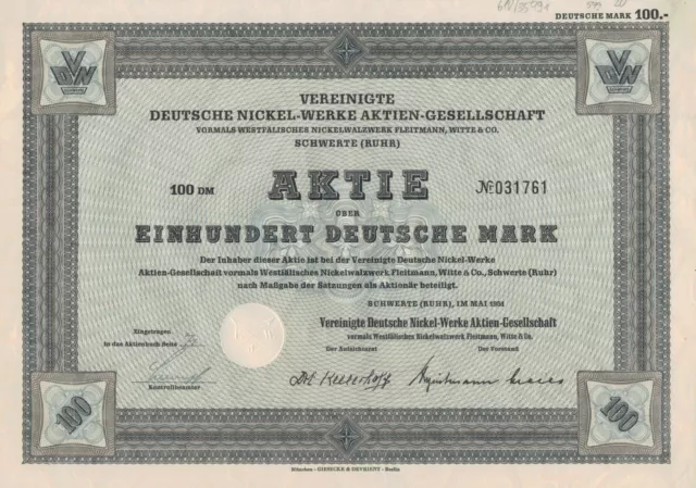 VDN - Vereinigte Deutsche Nickel-Werke AG - Aktie 100 DM Schwerte 1951