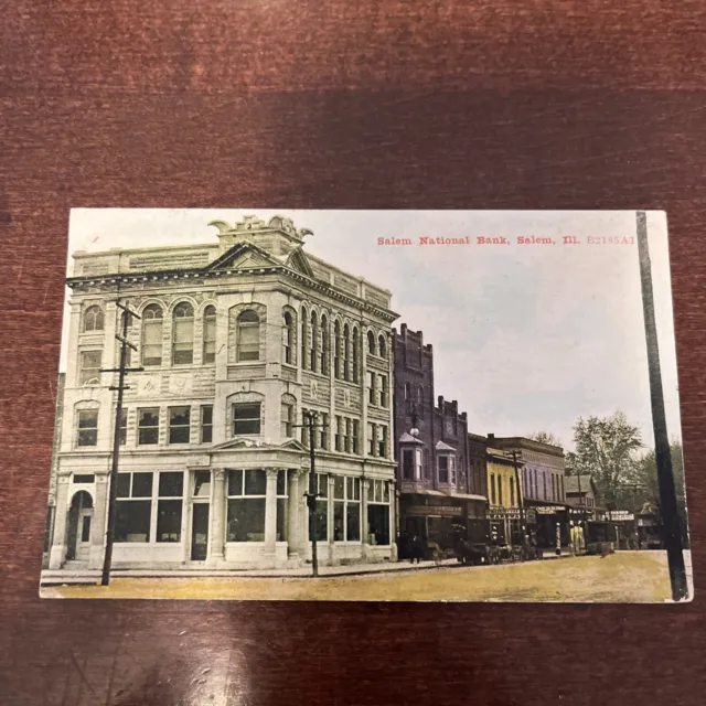 c1910 Salem National Bank Building Dirt Road Horse Buggy Illinois IL Postcard