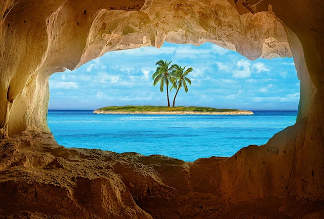 Papier Peint Paradis Vue à travers D'une Fenêtre, Palmiers, Mer 3,84 M X 2,6 M