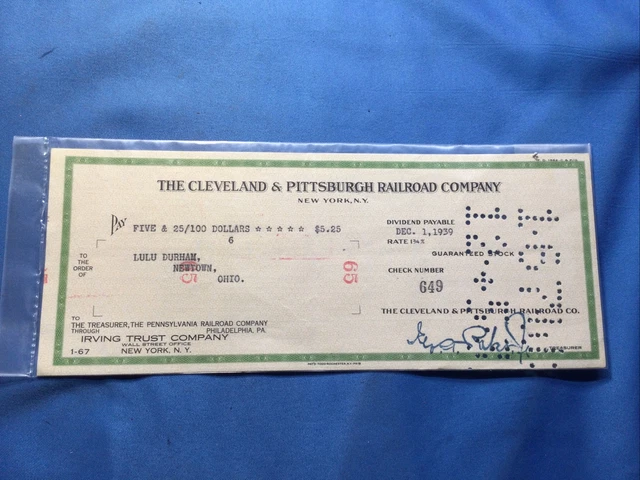 1939 Cleveland & Pittsburgh Railroad Co. Irving Trust Co. New York Ny Check