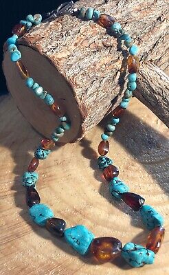 Natural Native Old Pawn Sterling Silver Toggle Turquoise Amber Nugget Necklace