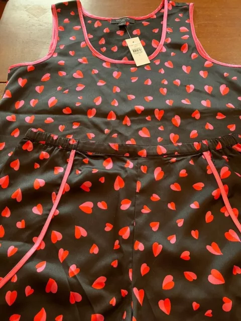 Ann Taylor Sleep Pink Red Heart Print Satin Pajama Top and Bottom Size Small