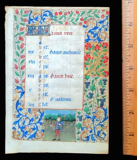 c. 1450-1475 MEDIEVAL APRIL CALENDAR LEAF - BOOK OF HOURS, FRANCE - 2 MINIATURES c. 1450-1475 MEDIEVAL APRIL CALENDAR LEAF - BOOK OF HOURS, FRANCE - 2 MINIATURES