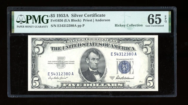 DBR 1953-A $5 Silver Gem Fr. 1656 EA Block PMG 65 EPQ Serial E54312380A