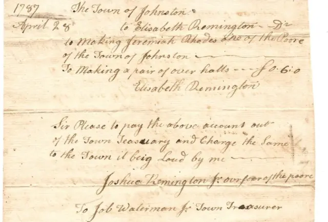 Revolutionary War Era 1787 Seamstress Pay Order Johnston R I  Care Of Poor Man