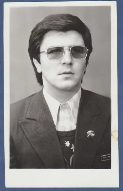 Portrait of handsome young man with glasses, nice boy Soviet Vintage Photo USSR