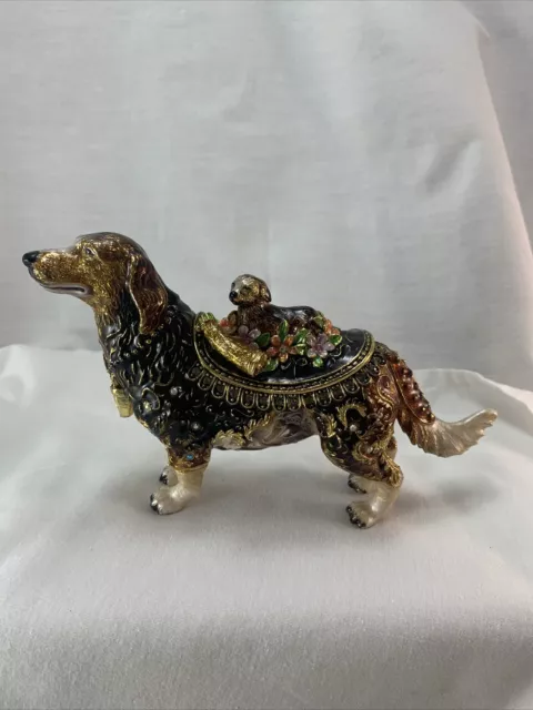 Adorable Sheltie/Collie/Retriever Dog With Puppy Bejeweled Bedazzled Trinket Box