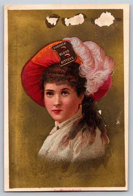 Burdock Blood Bitters Victorian Trade Card - Woman Wears Fancy Hat w/ Logo Gilt