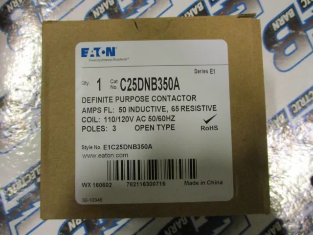Eaton C25DNB350, 50 Amp, 3 Pole Contactor, W/ 120 Volt Coil NEW-B- C203