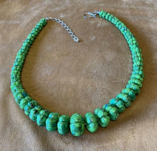 DTR Desert Rose Trading 925 Sterling Chunky Carved Green Turquoise Necklace