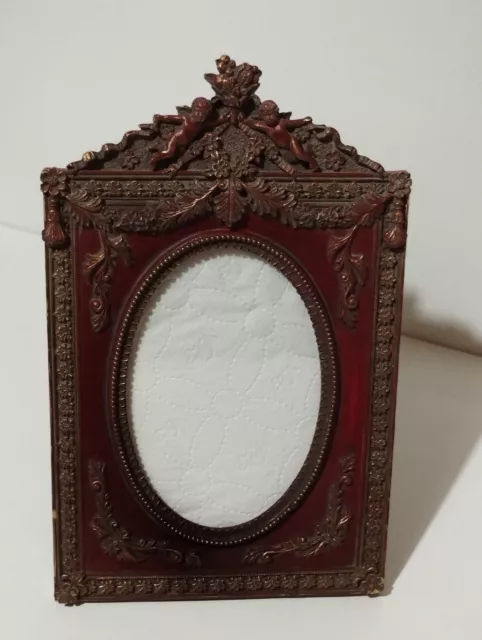 🟢Vintage photo frame Oval red+gold Baroque Rococo Gothic Victorian style Cherub 3