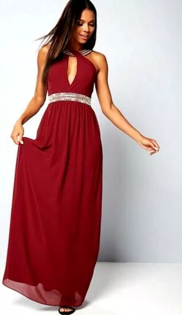 New Women's TFNC Embellished Maxi Dress Red Size UK 18