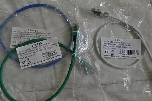 DEXLAN Lot de 3 câbles RJ45 cat6A 1 F/UTP + 2 S/FTP 0.5 m bleu blanc vert neuf