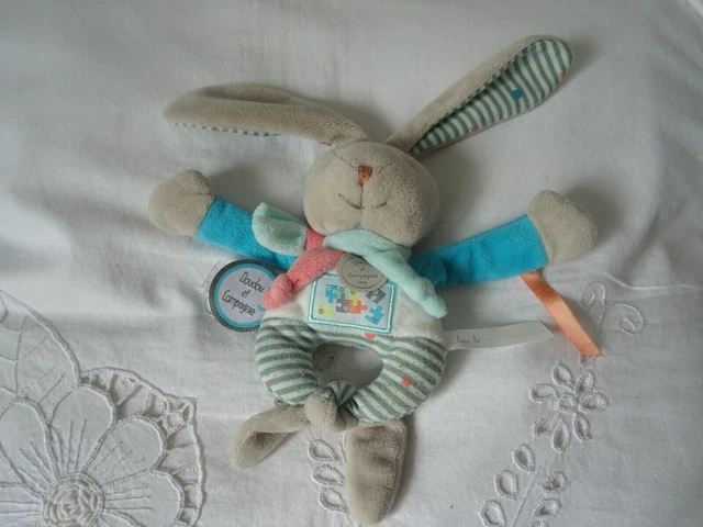 Lapin Happy  Hochet Doudou Et Compagnie Gris Et Bleu  Ventre Brode Puzzle