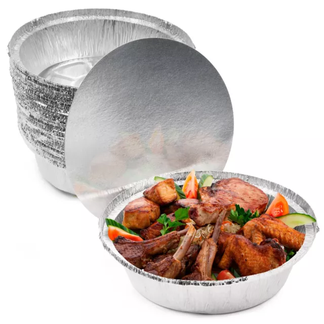 40 Foil Containers With Lids Home Takeaway Boxes Round Aluminium Hot Food 800ml