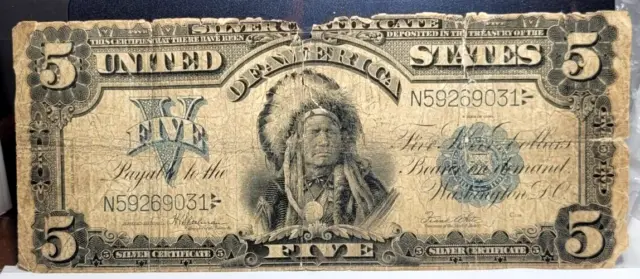 1899 $5 Five Dollars “Chief” Silver Certificate Currency Note Low Grade Fr. 271