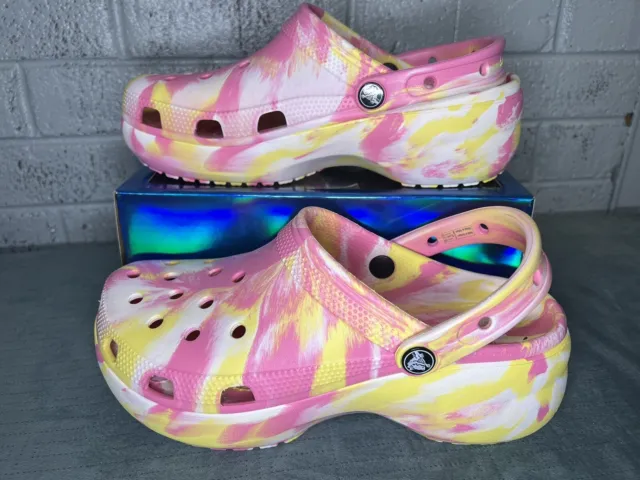 Crocs Classic Platform Marble Womens Pink Yellow Clogs Size 9 US