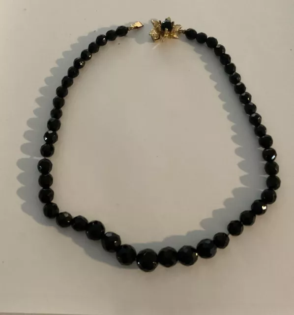 Vintage  Black Faceted Bead With Fancy Gold Tone Clasp Necklace