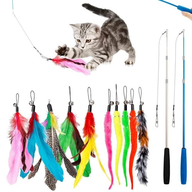12Pcs Kitten Toy Cat Feather Bell Wand Teaser Rod Interactive Play Pet Toys Gift