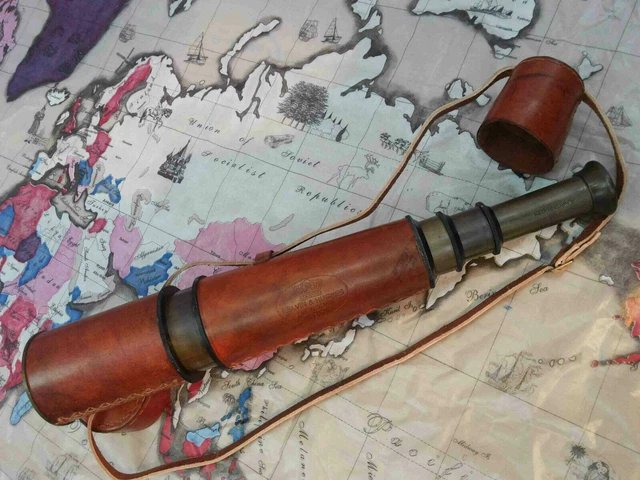 Télescope Monoculaire Marine En Laiton Et Cuir - Sur Pied - Reproduction 1800s