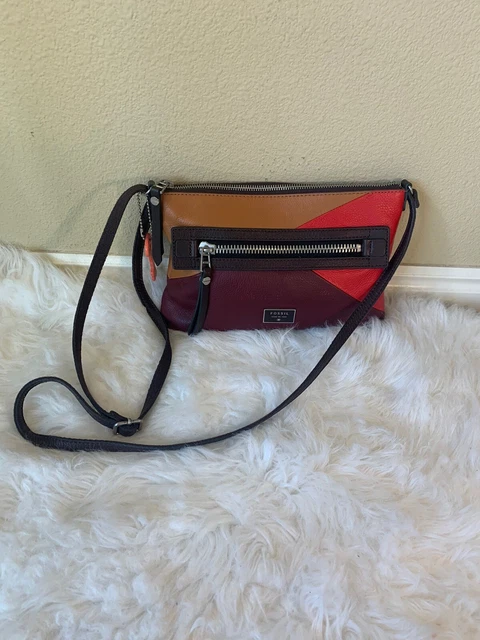 Fossil Dawson Crossbody Shoulder Handbag Red Multicolor Leather Patchwork