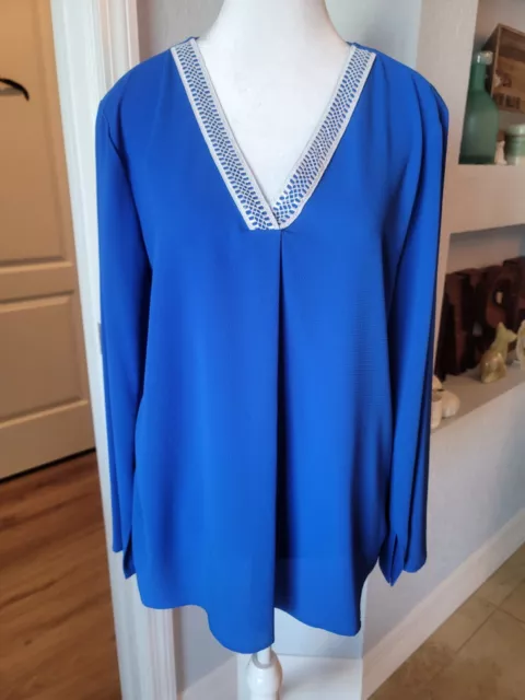 Chaus Women's Blouse Royal Blue Stretch Crepe V Neck Blouse Shirt White Trim